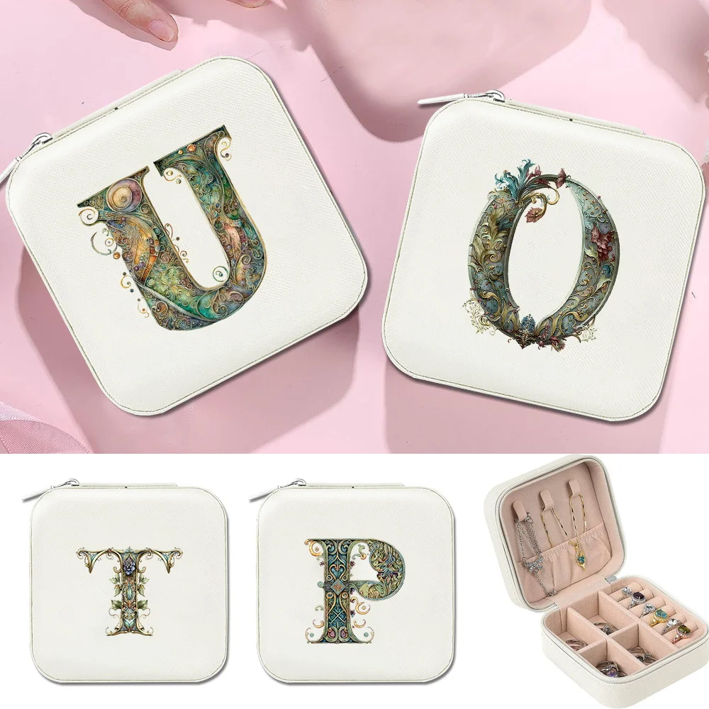 

Fashionable Travel Mini Jewelry Box Graphic Letter Printing Pattern Portable Jewels Storage Boxes Necklace and Earring Display