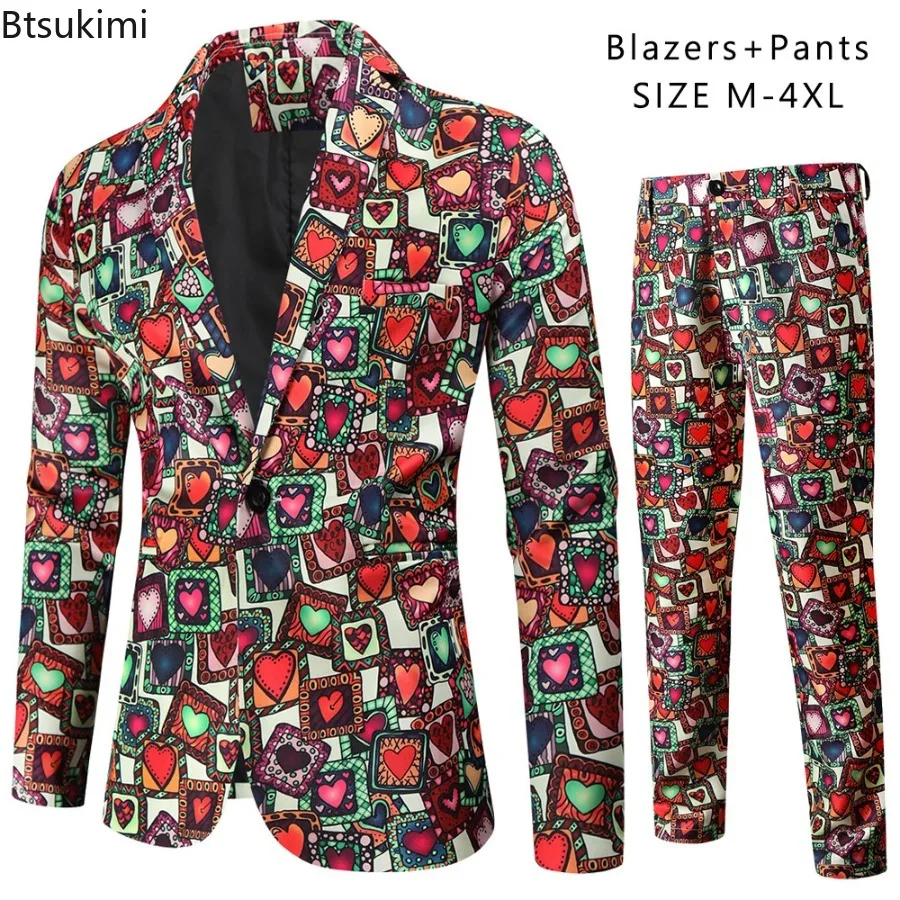 Christmas Party Men Suit Sets Snowflake Santa Claus Cute Funny Print Blazer Jacket Pants Valentine Day Wedding Fashion 2 Pieces