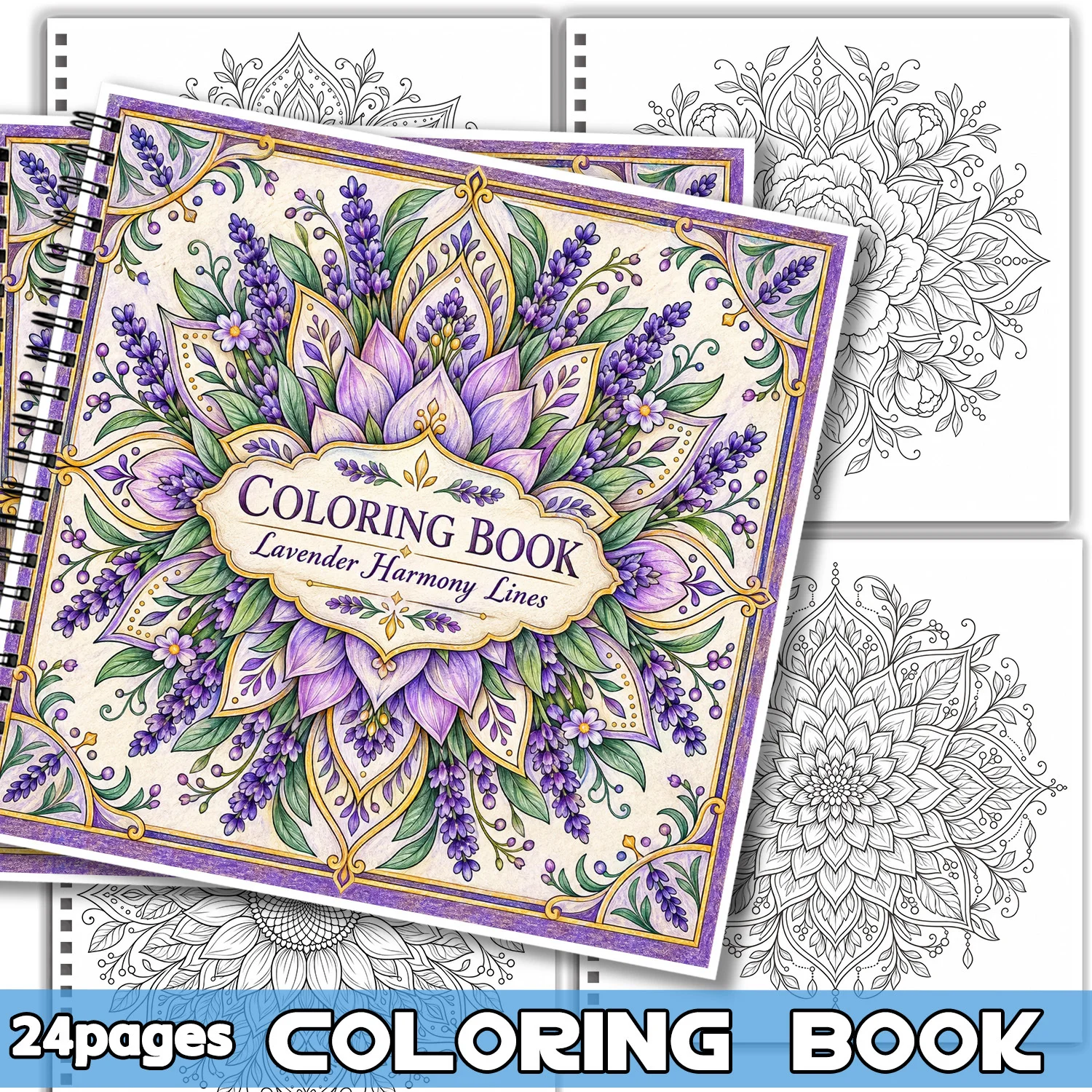 Spiral Coloring Book Lavender Harmony Lines, 24 Sheets Mandala Art for Adults & Teens, Showcasing Creativity, Relieving Stress