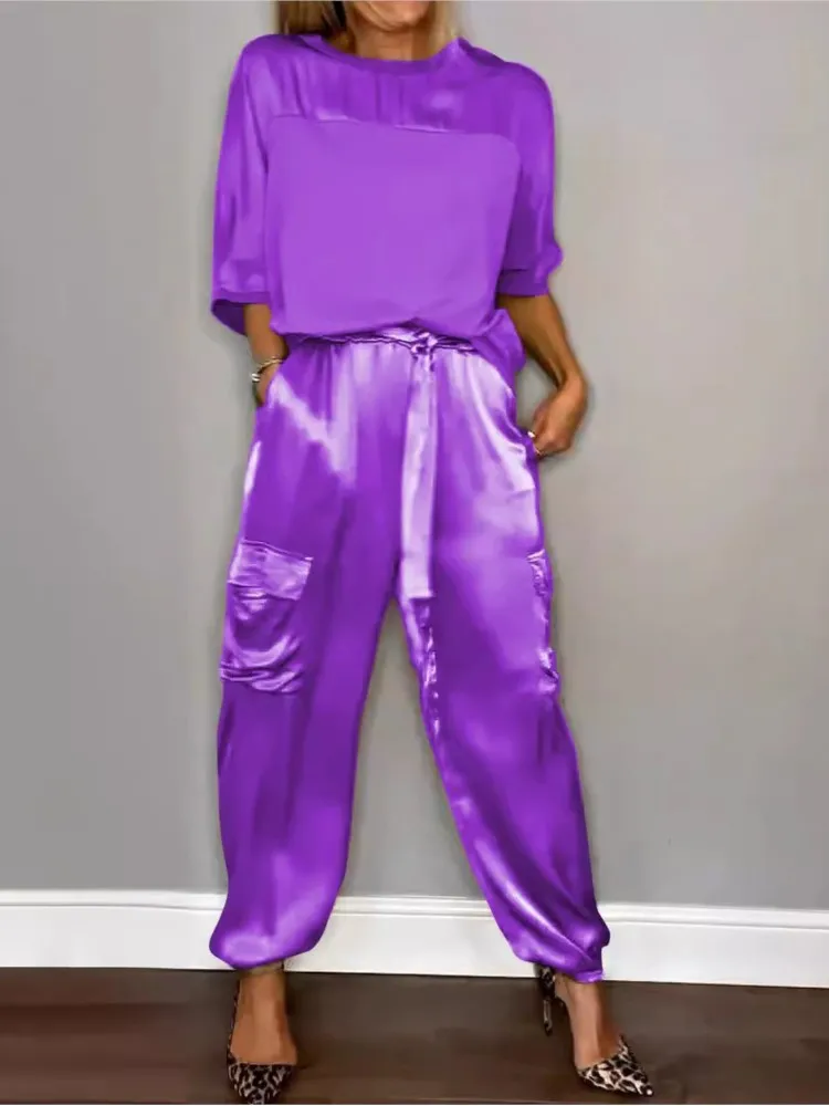 2024 New Solid Color Satin Two Piece Set Women Half Sleeves T Shirt And Leace-up Trousers Sets Fashion Casual Lady 2 Piece Suit