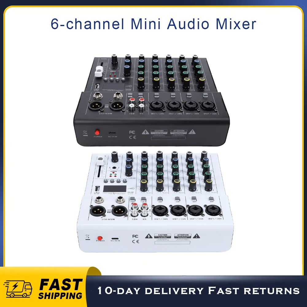

6 Channel Mini Sound Mixer DJ Controller with BT MP3 Player 48V Phantom Power Built-in Guitar Amp Portable Mixer Console