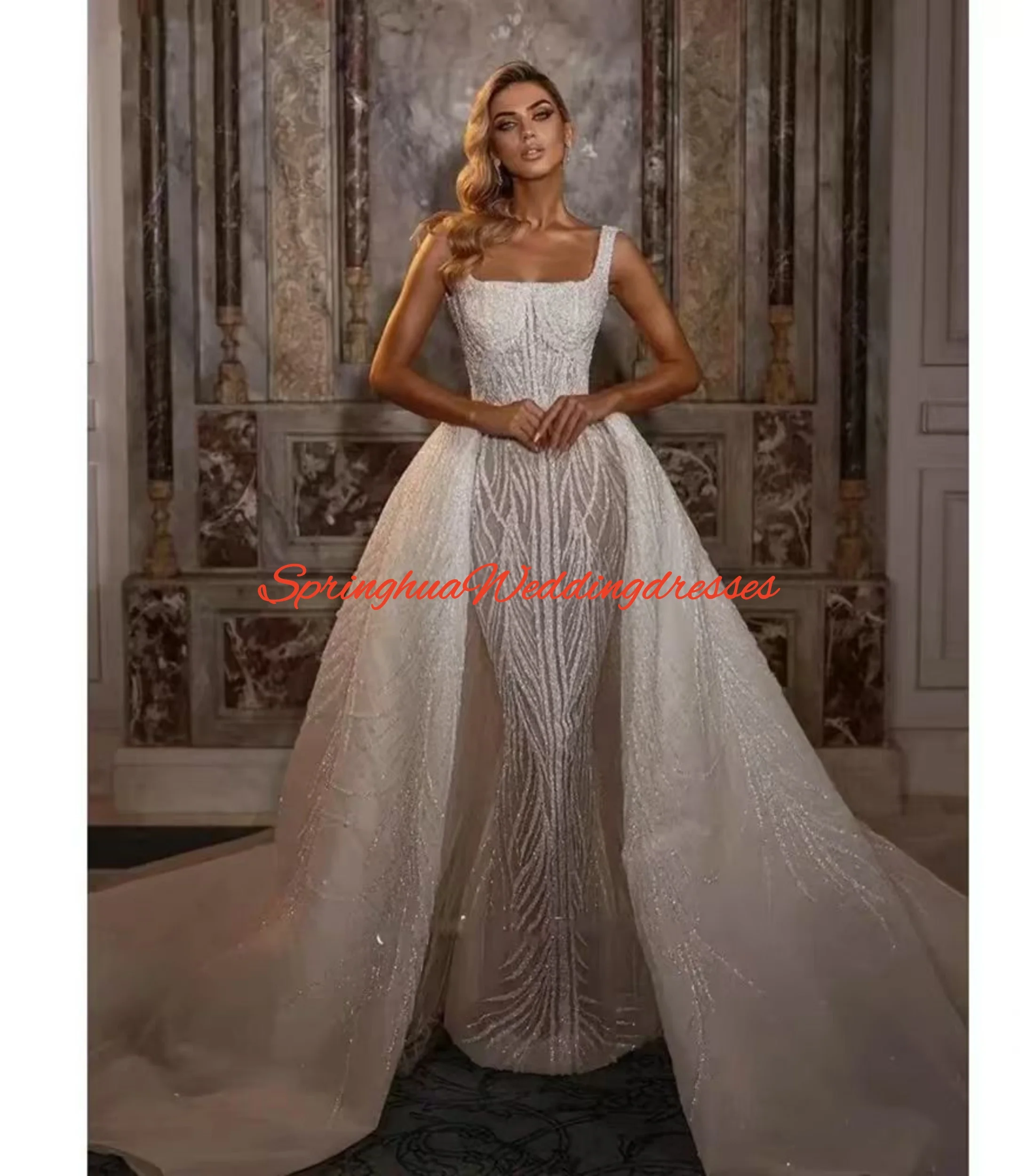 

Customized Luxury Square Collar Exquisite White Beads Sequined Wedding Dresses with Detachable Train Mermaid Gowns Bridal Dresse