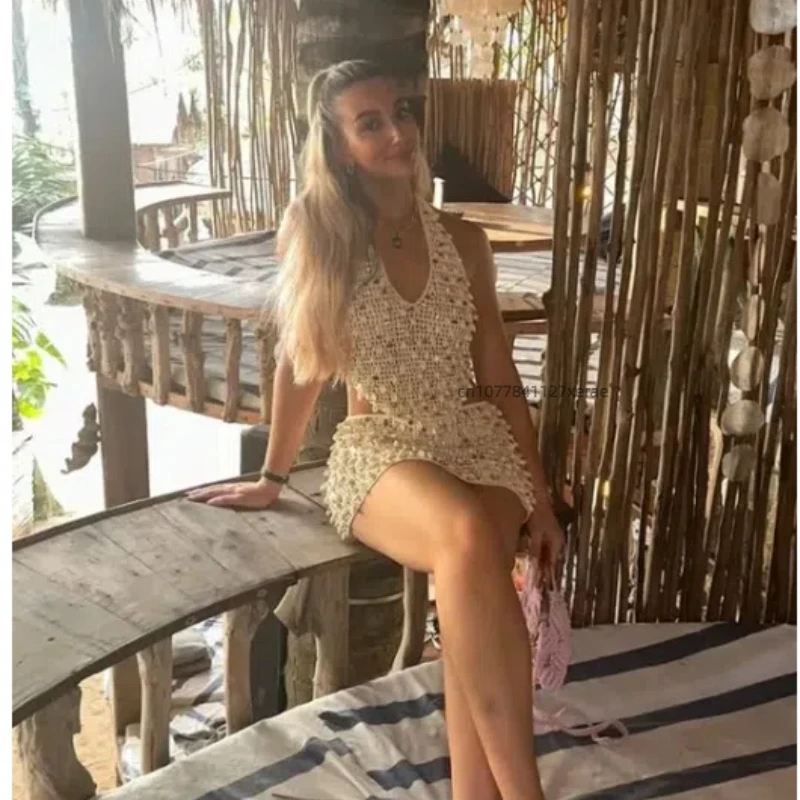 여름 새로운 밸리 댄스 의상 유럽과 미국의 진주 쉘 섹시한 스팽글 레이스 업 백리스 할로우 탑 짧은 스커트 세트