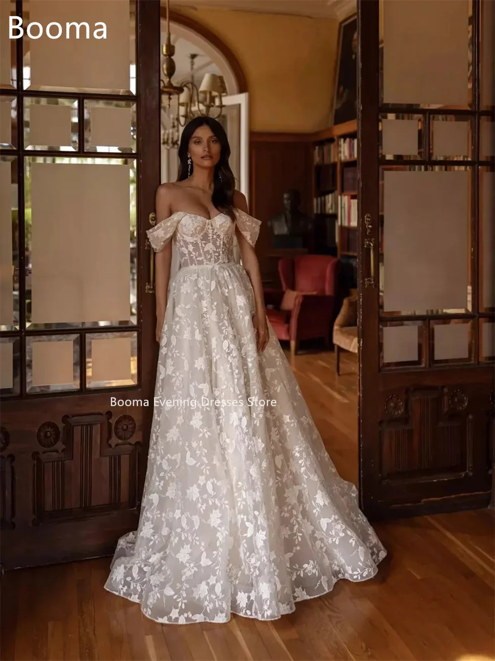Booma a-line قبالة الكتف عاجي دانتيل زينة فساتين زفاف أنيقة بدون أكمام فستان عرائس طويل مصنوع حسب الطلب 2025