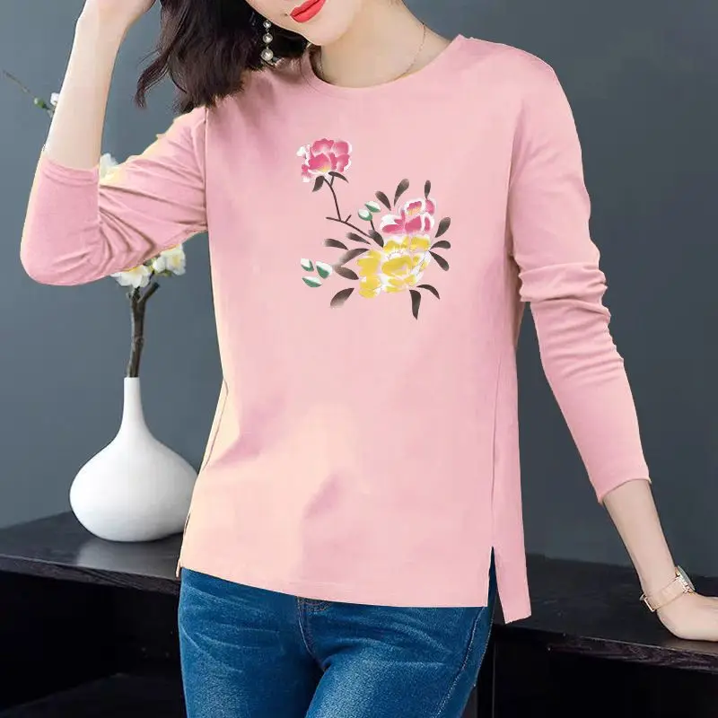 Long Sleeve Tees Shirt Women Tunic Tops Loose Casual Female T Shirt Clothes Split Plus Size Ladies Round collar Graphic Pullover