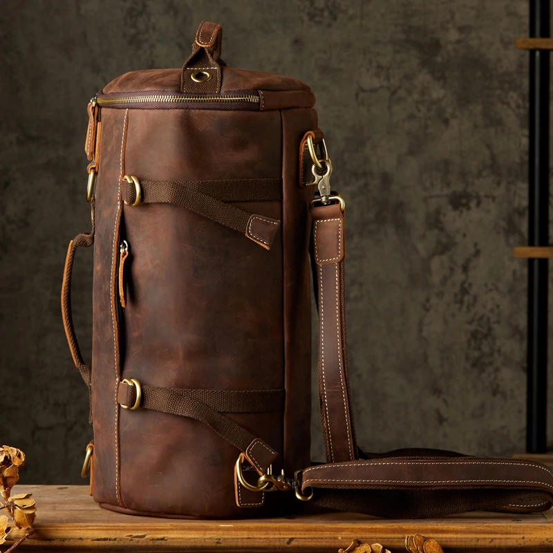 Genuine Cowhide Cylinder Backpack Retro Large Capacity Barrel Bag Men Crazy Horse Leather Casual Travel Hiking Shoulder Bag