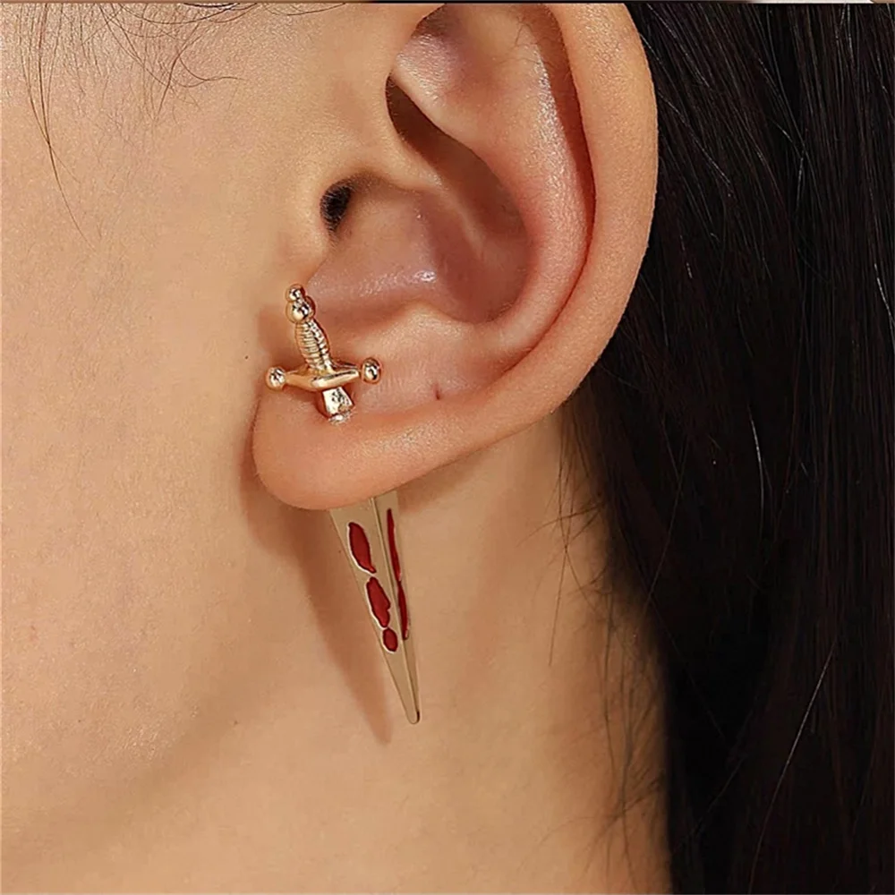 

Retro Punk Gothic Long Sword Cross Women's Earrings Fashion Metal Bloodstain Sword Piercing Ear Stud Jewelry Accessories Gift