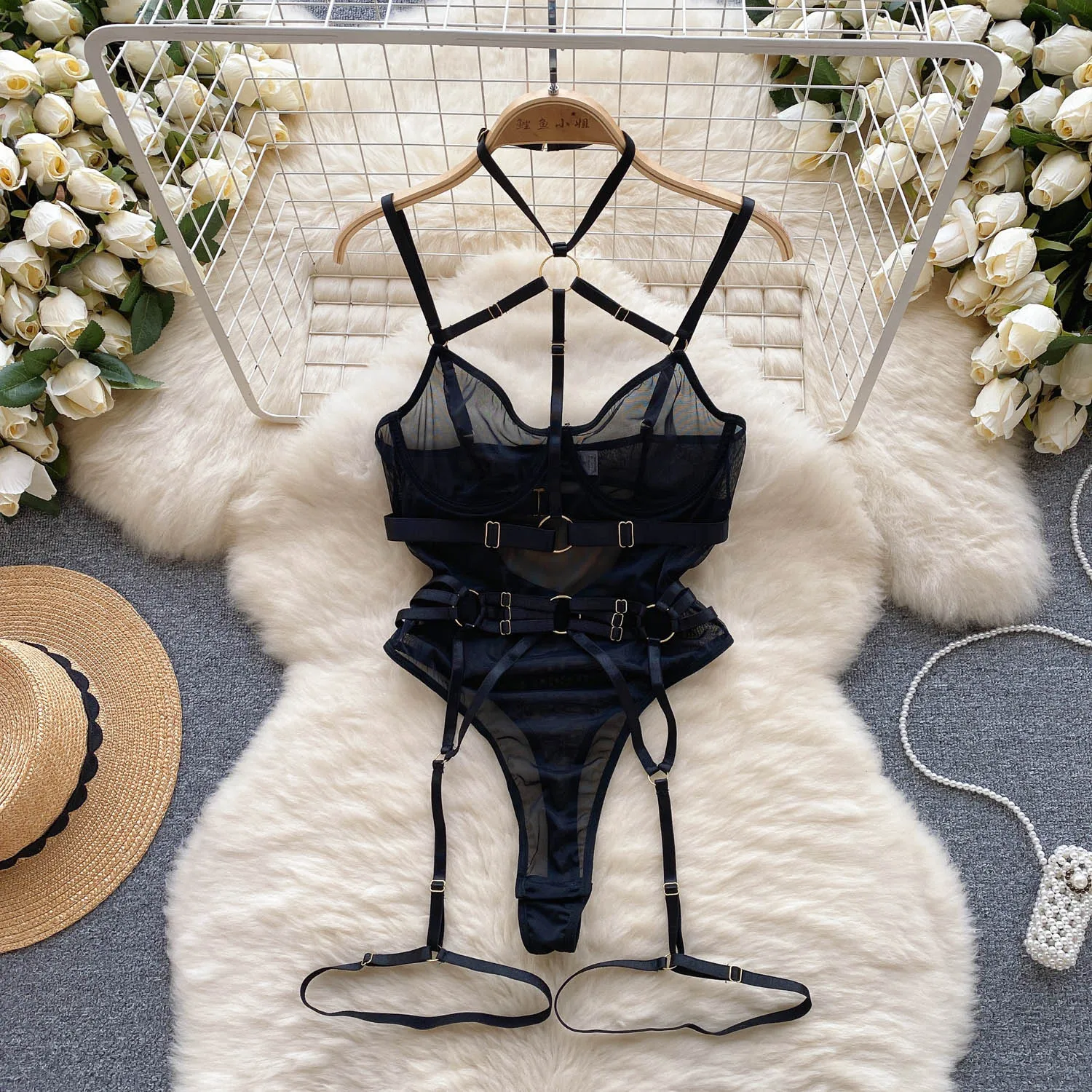 Women Hotsweet Mesh Vintage Straps Bodysuits Chic Patchwork Jumpsuits Slim Hollow Out Top with Leg Rings See Through Clothing