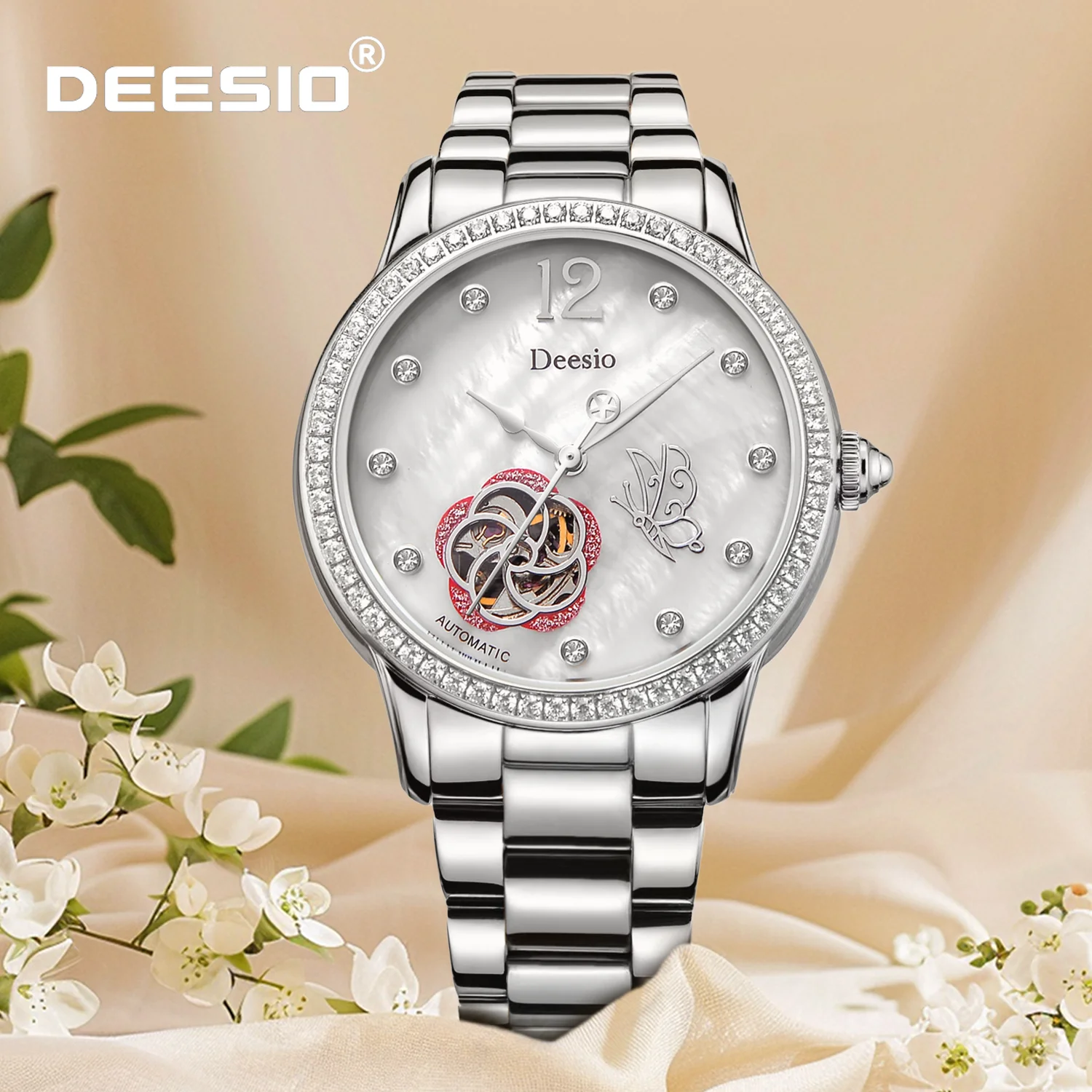 Deesio Luxury Women's Mechanical Watch, Hollow Dial, Stainless Steel Band Wristwatch, Valentine's Day Gift, Anniversary Present