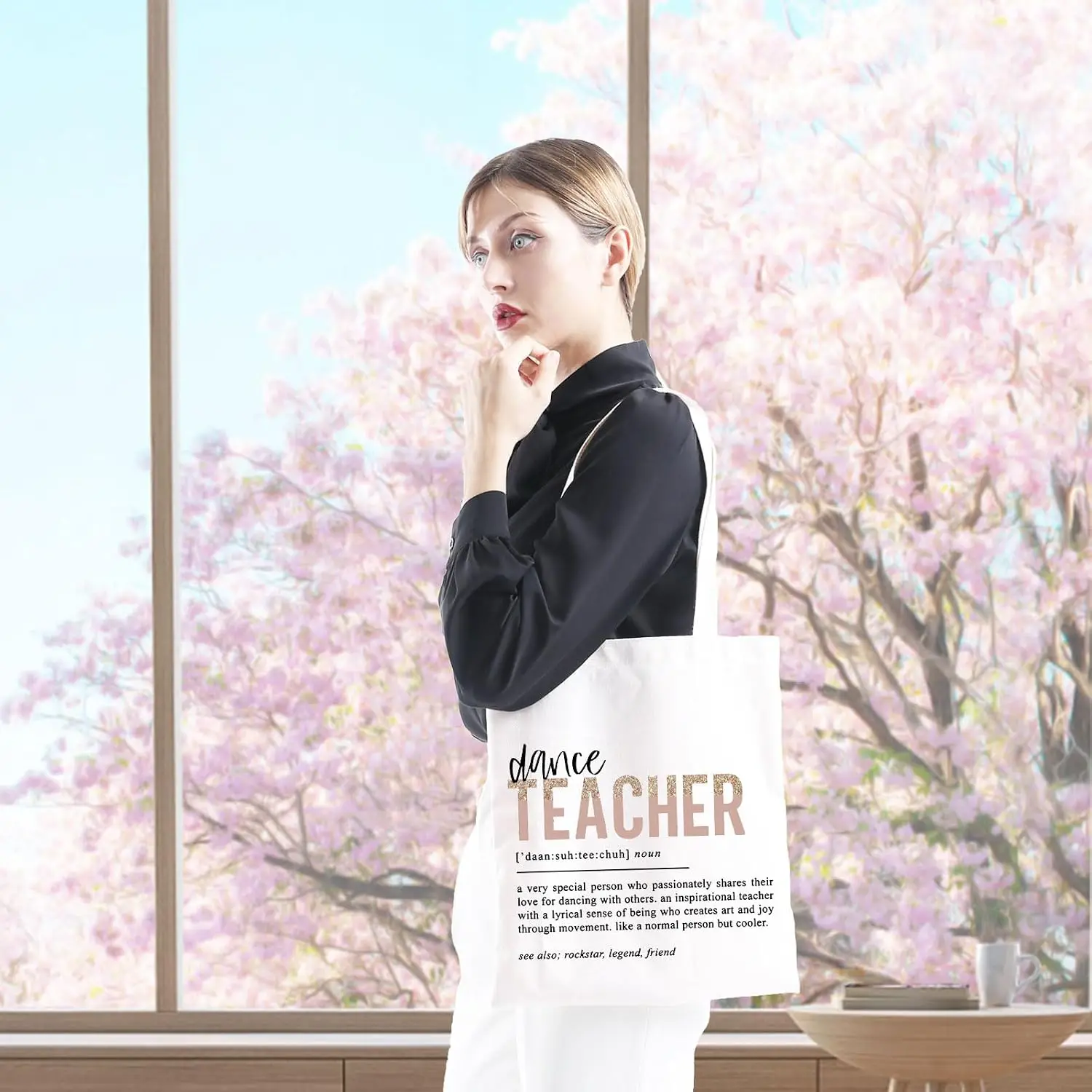 Dance Teacher Definition Quote Canvas Tote Bag Glitter Letter Print Large Reusable Shoulder Shopping Teacher Gift Handbag