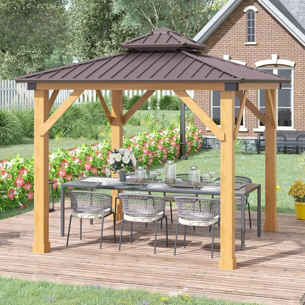

10' x 10' Hardtop Gazebo with Galvanized Steel Double Roof, Wooden Frame, Permanent Pavilion with Ceiling Light Hook