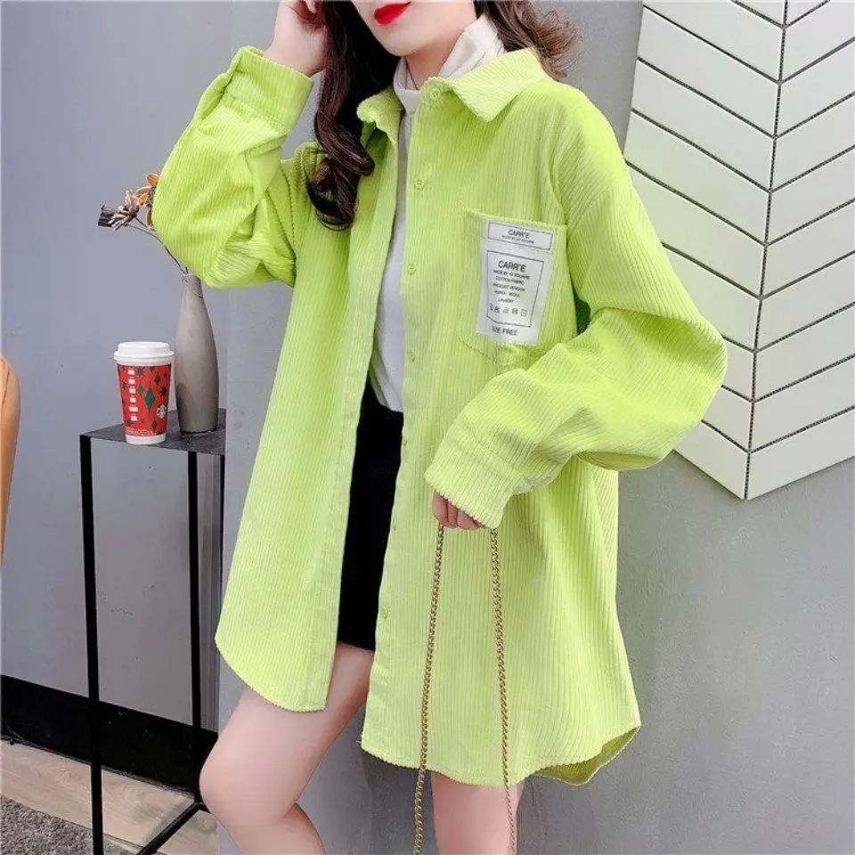 Corduroy Shirt Jacket Female Spring Autumn Students Korean Loose Fashion Outdoor Wear Retro Hong Kong Style Long Sleeved Top