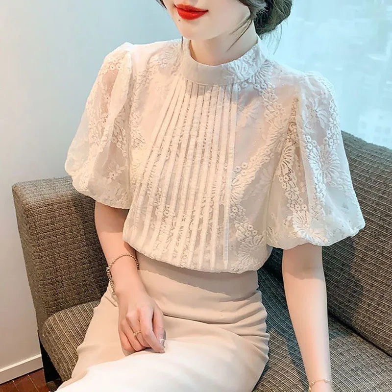 

Fashion Stand Collar Spliced Lace Lantern Sleeve Blouses Women's Clothing 2025 Summer New Loose Elegant Tops Office Lady Shirts