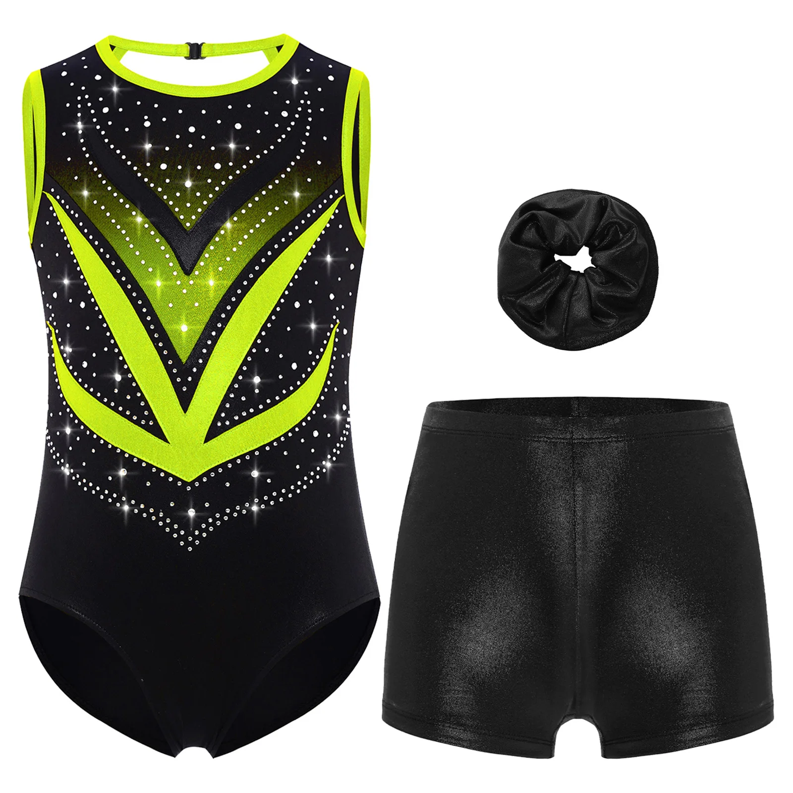 

3Pcs Kids Girls Gymnastics Leotard Sleeveless Crisscross Cutout Back Shiny Rhinestones Bodysuit+Shorts+Hairband Ballet Dancewear