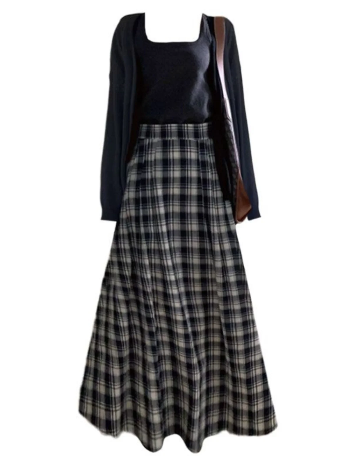 

plus Size Korean Sle Lazy Spring Long Sve Open Cardigan Inner Vest High Waist Plaid Skirt Set Women's Faion Ensemble