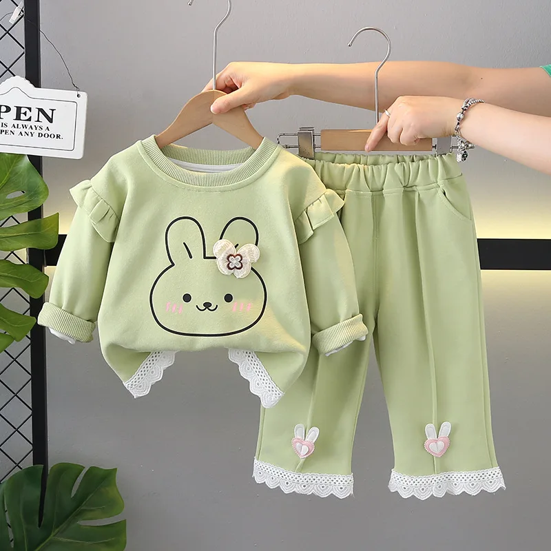 

2025 Spring Autumn Baby Girl Clothes 9 To 12 Months Cartoon Solid Color Long Sleeve Pullover Tops and Pants Girls 2 Piece Set