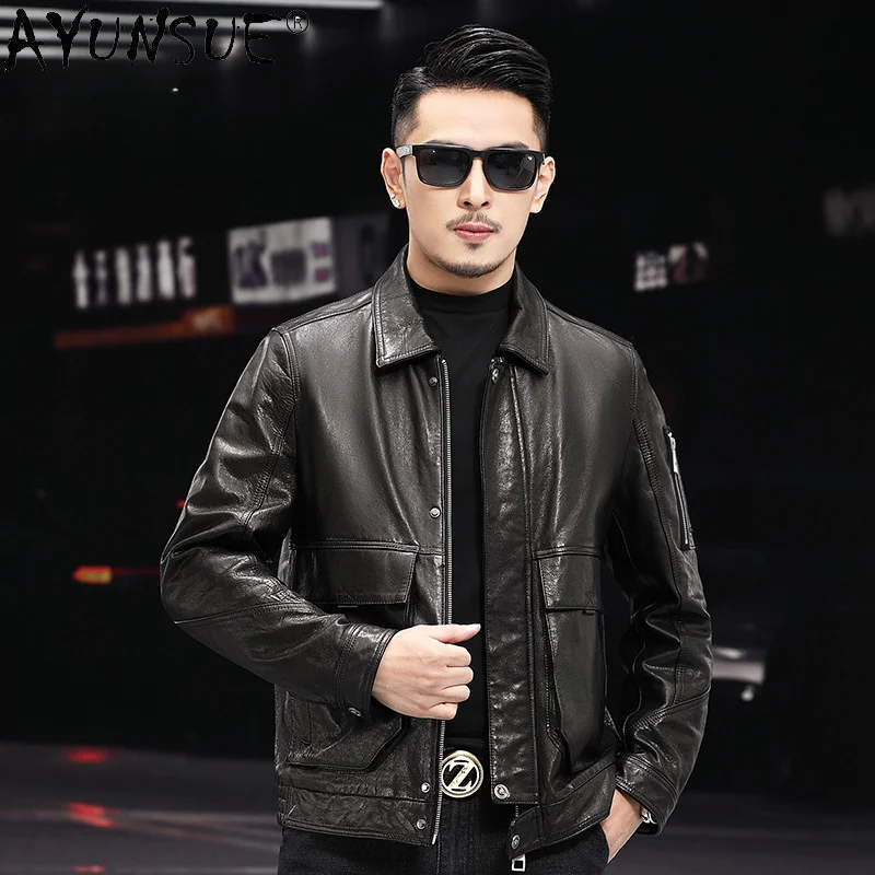 

Genuine Leather Jackets for Men Oil Wax Sheepskin Mens Jacket Casual Motorcycle Coat Jaqueta Masculina