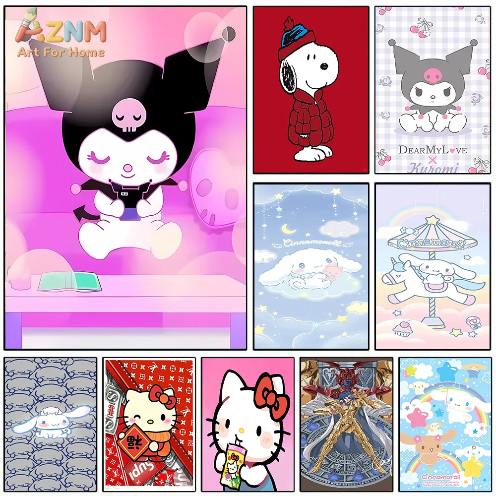 

AZNM Kuromi Snoopy Cinnamoroll Hello Kitty Saint Seiya Anime Canvas Wall Art Print Home Decor Painting