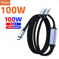 100W Fast Charging 2-in-1 Data Cable Stereo/Straight Type C To Dual Type C Cable for iphone 15 16 Samsung Xiaomi Huawei Carplay