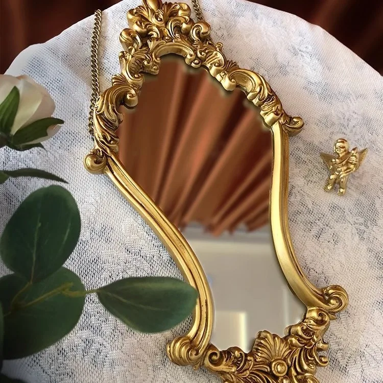 Retro carved beauty mirror, mid-century light luxury wall-mounted European mirror, makeup mirror combination decorative painting