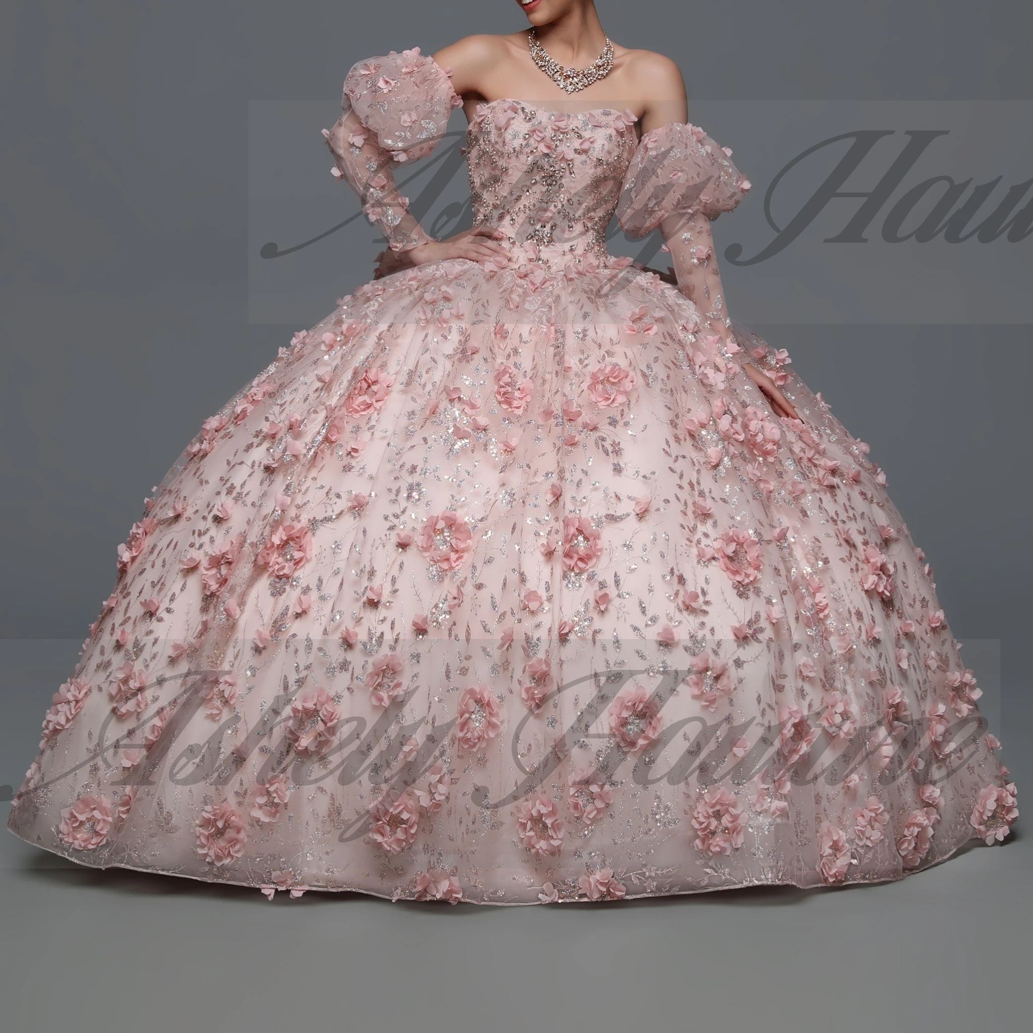 Maßgeschneidertes mexikanisches lila Damen-Abschlussball-Geburtstagsparty-Kleid mit Ärmel-Schleife, 3D-Blume, bauschiger Rock, süßes 15-/16-Mädchen-Quinceanera 14