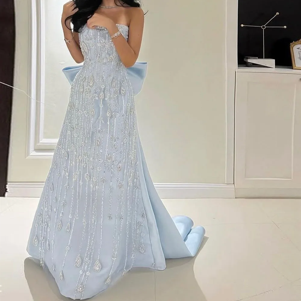 

Customized Mermaid Evening Dresses Floor-Length Strapless Sleeveless Prom Gown Fashion Crystal Backless Bow Draped Patry Gown
