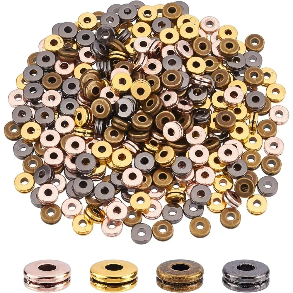 320Pcs 4 Colors  Style Alloy Spacer Beads 6mm Disc Flat Round Donut Shaped Beads Rondelle Loose Metal Beads for Necklace