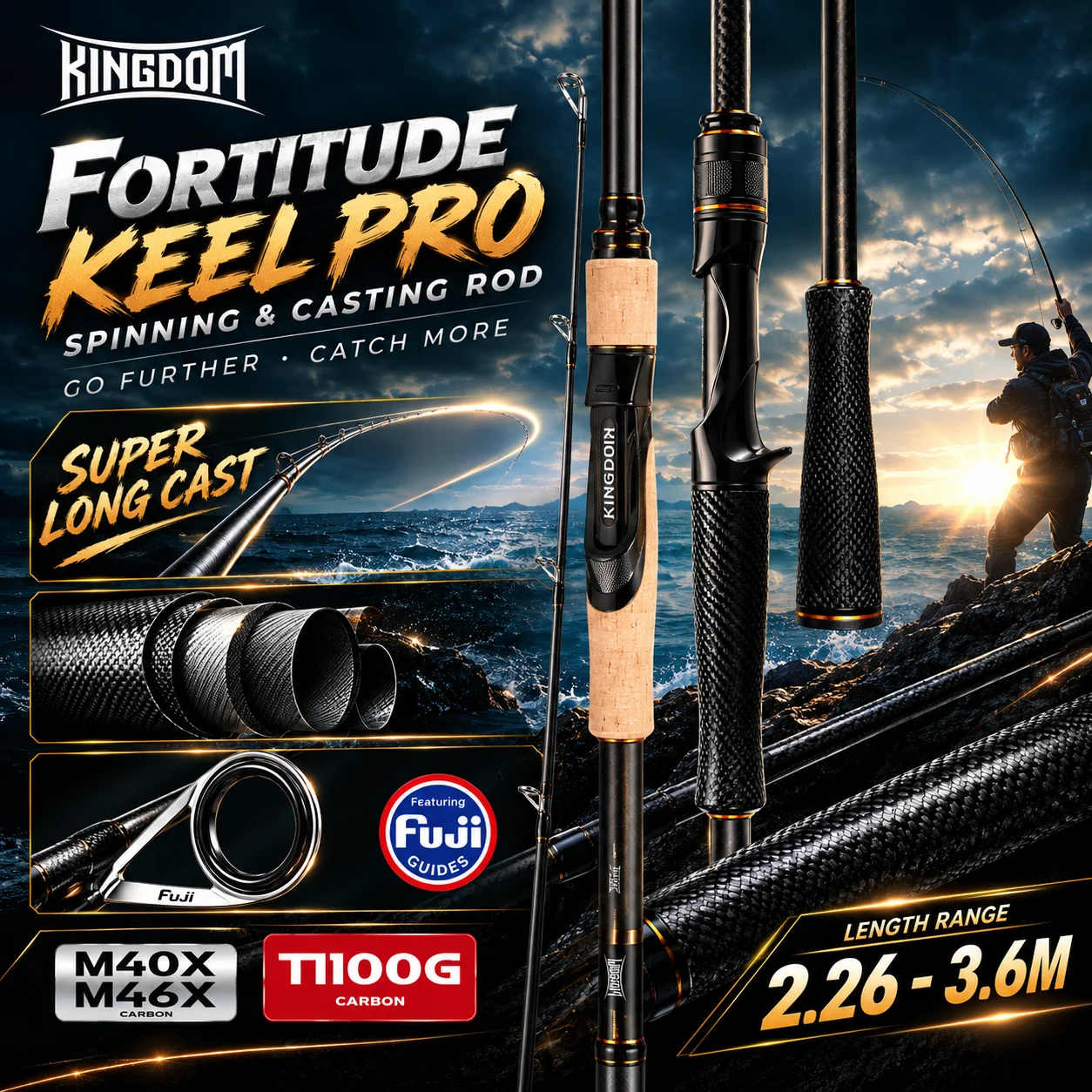 KINGDOM FORTITUDE KEEL PRO Fishing Rod Spinning Casting Rod 2.26-3.6m FUJI  A Guide M/M+/MH Ultra-Long Casting Rod