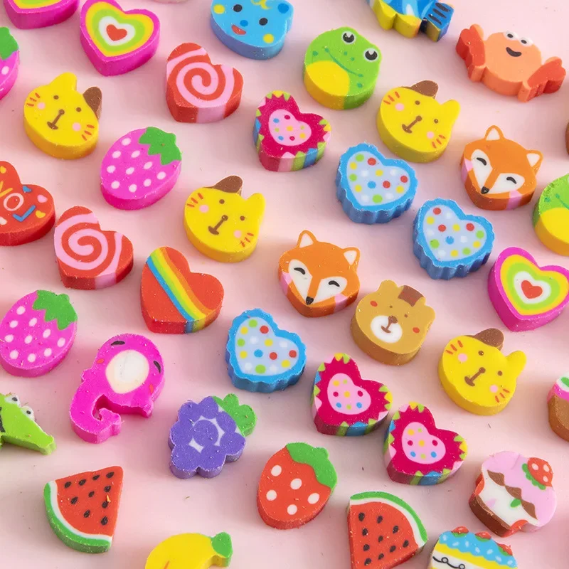 30 Randomly Packed Cartoon Fruits Animal Hearts Mini Erasers June 1st Christmas Gifts Prizes Stationery Classmate School