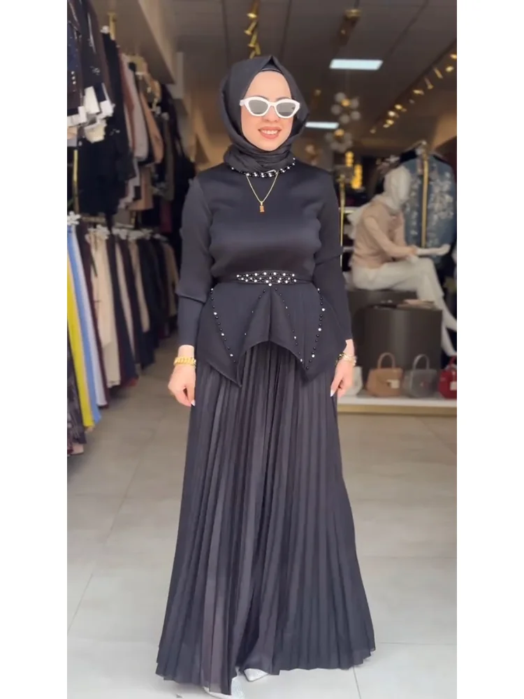EGRM New Miyake Folds 2026 Summer New Pleated Sets Fashion Beaded Asymmetrical Top And Long Skirt Two-piece Set Women's Clothing