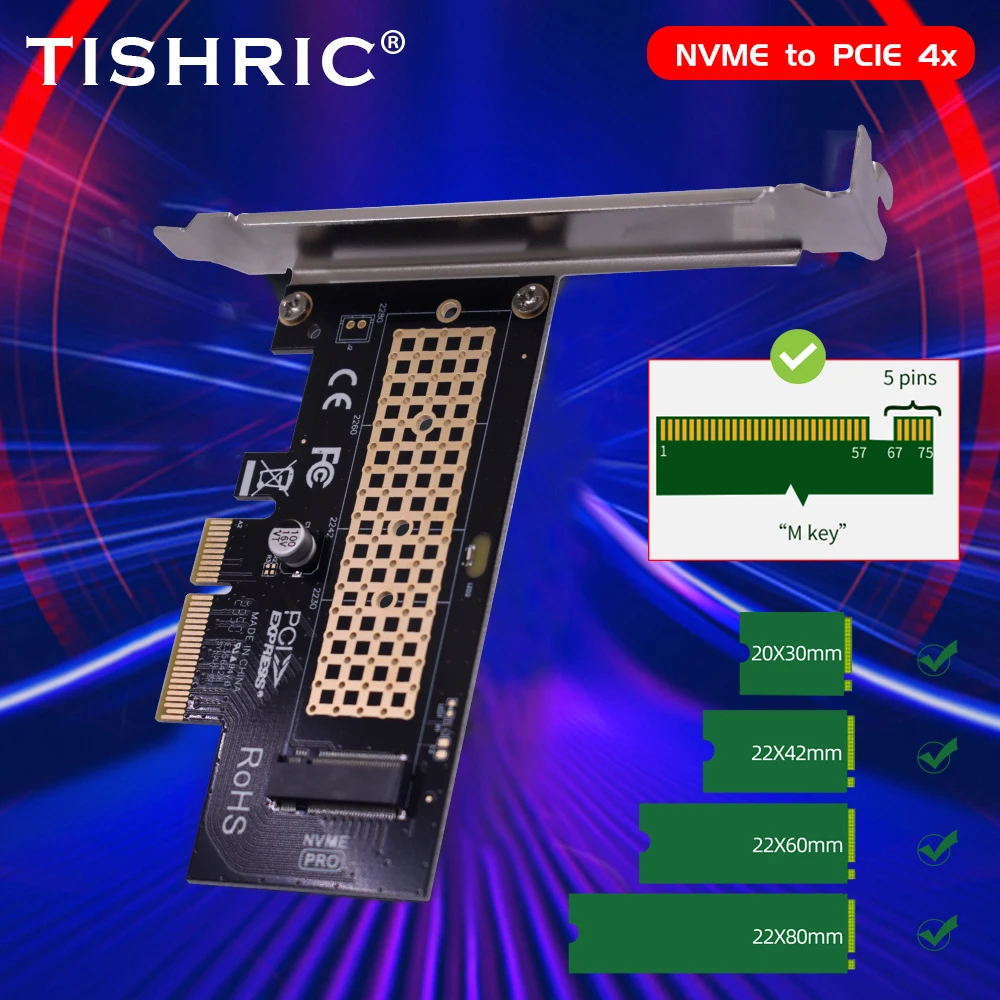 TISHRIC-placa adaptadora M.2 NVME SSD a PCIE3.0 4X, compatible con disco duro 2230/2242/2260/2280, controlador de interfaz de clave M de varios tamaños