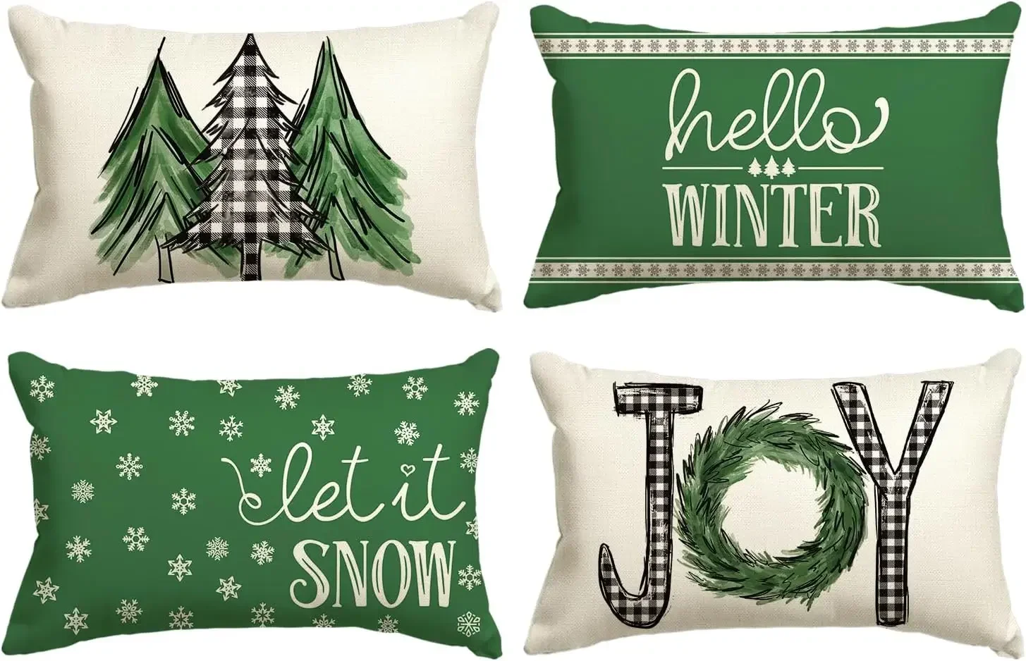 Merry Christmas Trees Mottos Green Throw Pillow Covers, Hello Winter Let it Snow Holiday Cushion Case Decoration for Sofa Couch