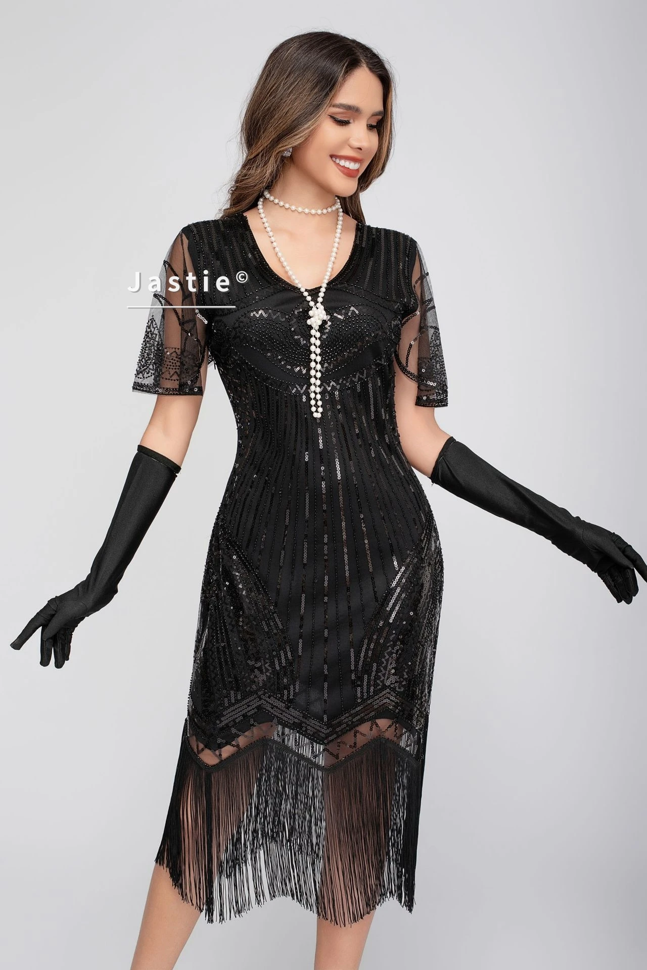 Anni '20 Gatsby Nero Oro Flapper Abito a maniche corte Sheer Mesh Paillettes Art Deco Abito Frangia Orlo Retro Vintage Party Donna Abiti