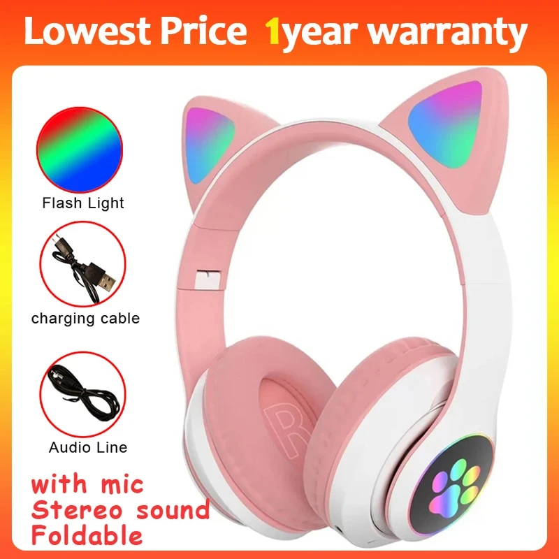 Cat Ears Fones de ouvido sem fio com controle de microfone LED Flash Light Capacete de música estéreo Bluetooth fone de ouvido p