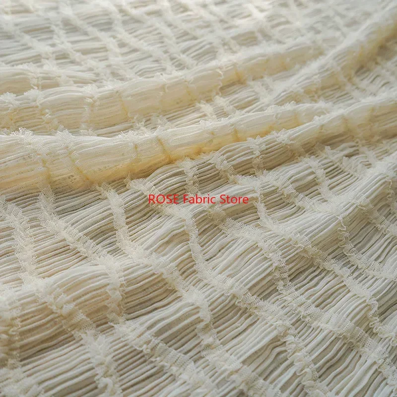 

Pleated Striped Ruffle Beige Chiffon Tulle Fabric For For Summer Blouse, Lace Top, Toddle Dress, Shirt
