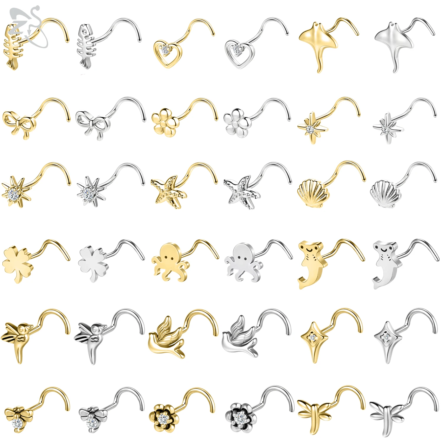 ZS 1PC Gold Color 316L Stainless Steel Nose Stud Bow Tie Octopus Clover Shape Crystal Nose Piercing L Shape Nostril Piercing 20g