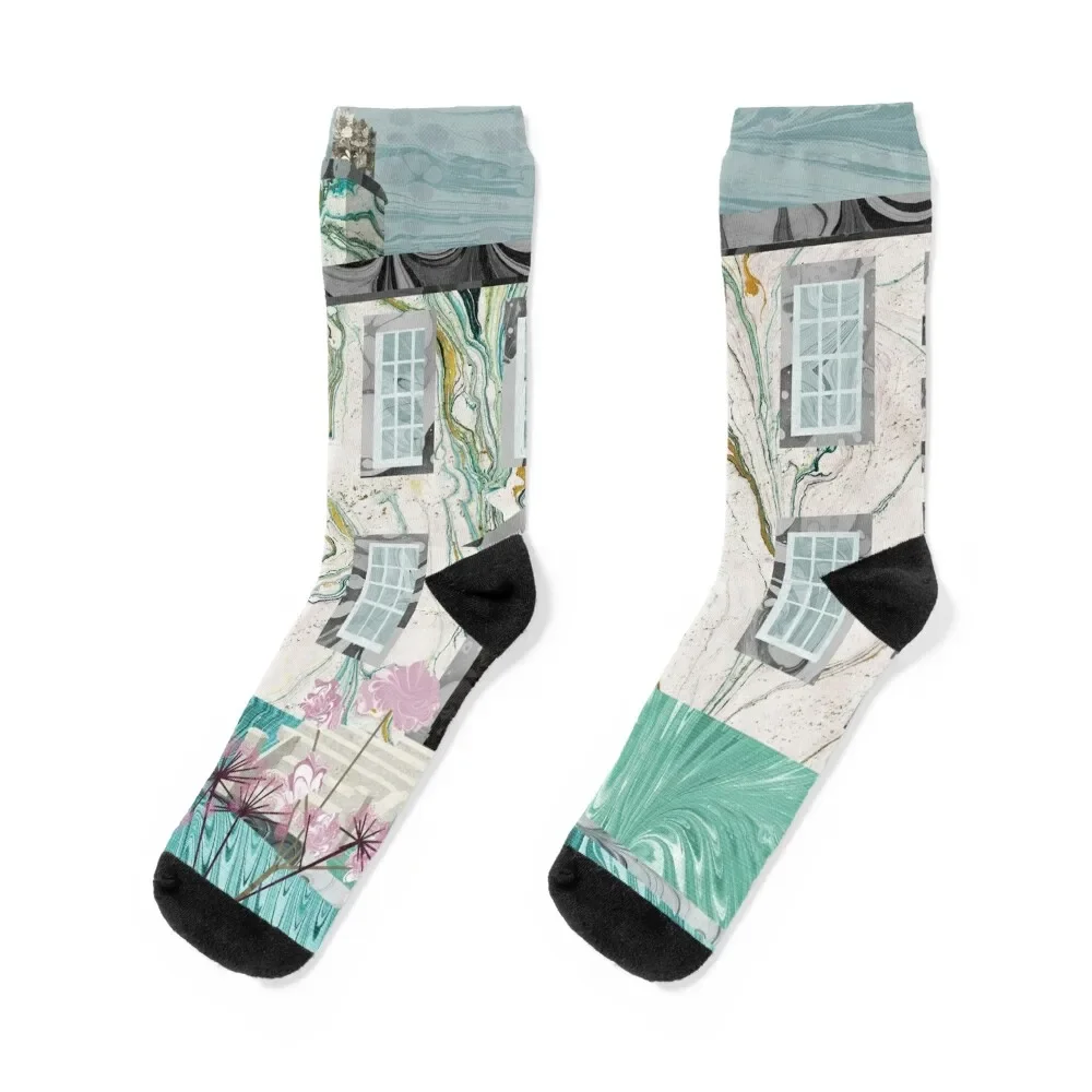 

The Bronte Sisters' Parsonage,Haworth : Collage in Marbled Bookbinding Paper Socks sports and leisure Luxury Woman Socks Men's