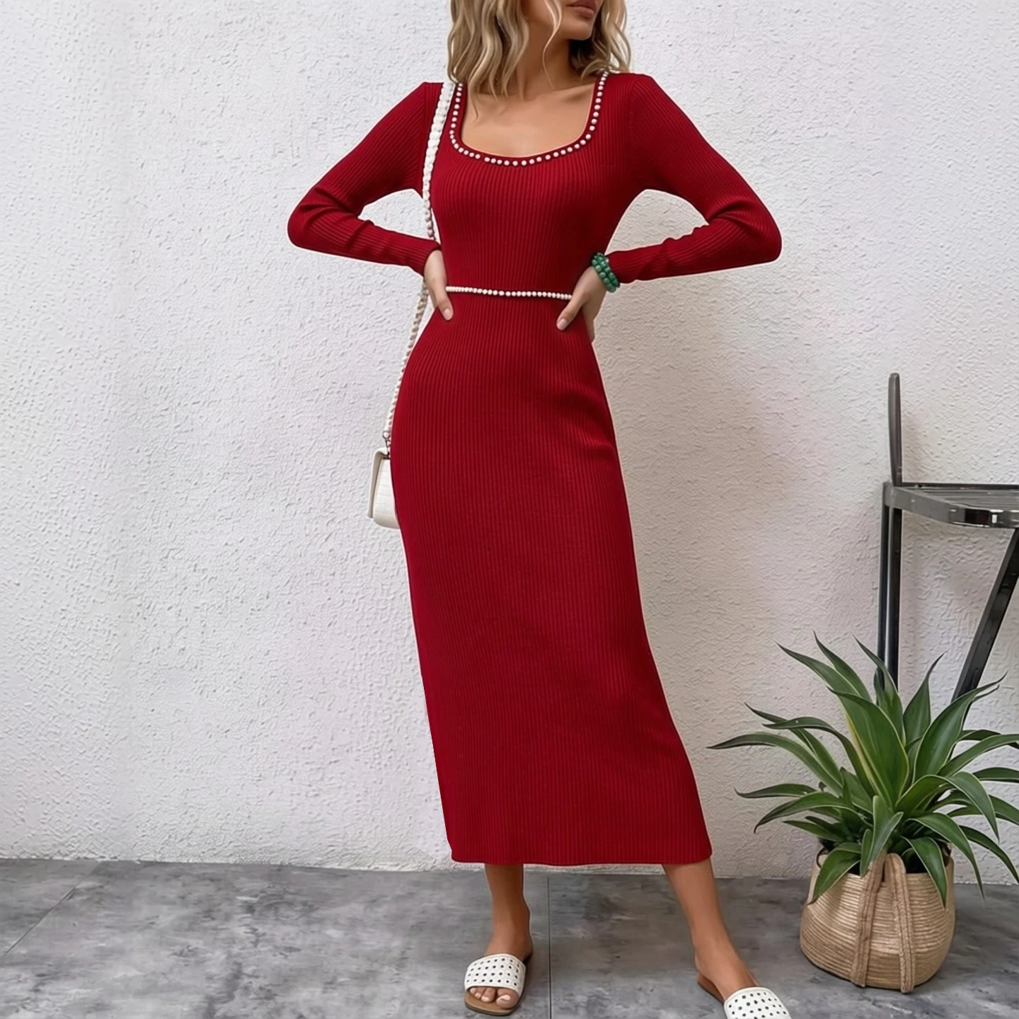 YuooMuoo Schickes, modisches, sexy Wickelkleid, gestricktes langes Kleid für Damen, elegante Perlen, schmale Taille, figurbetontes Pulloverkleid, Streetwear-Outfits