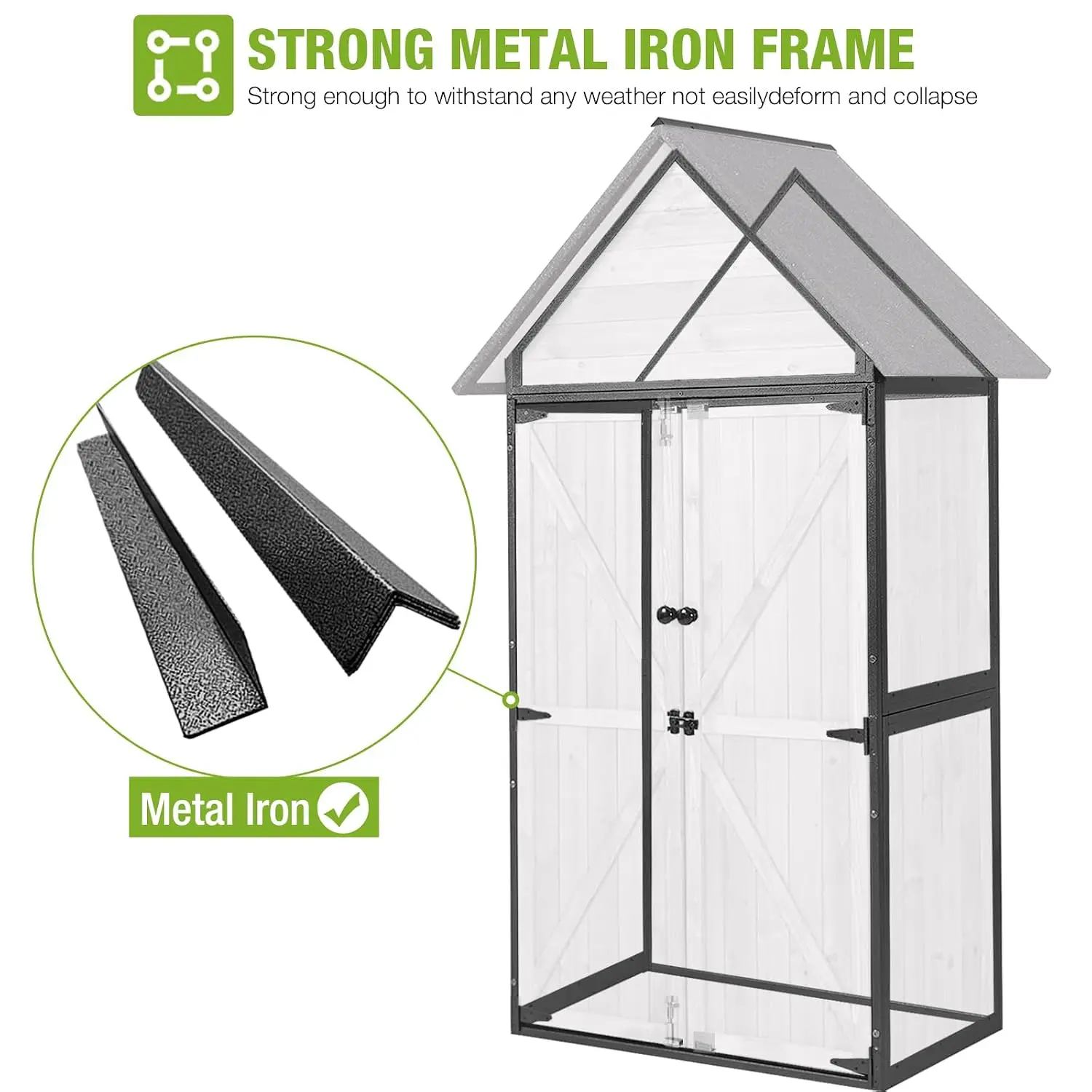 Wooden Garden Tool Shed Metal Frame Sloped Roof 3 Tiers Shelves Outdoor Storage Cabinet Backyard Patio Lawn 67.1