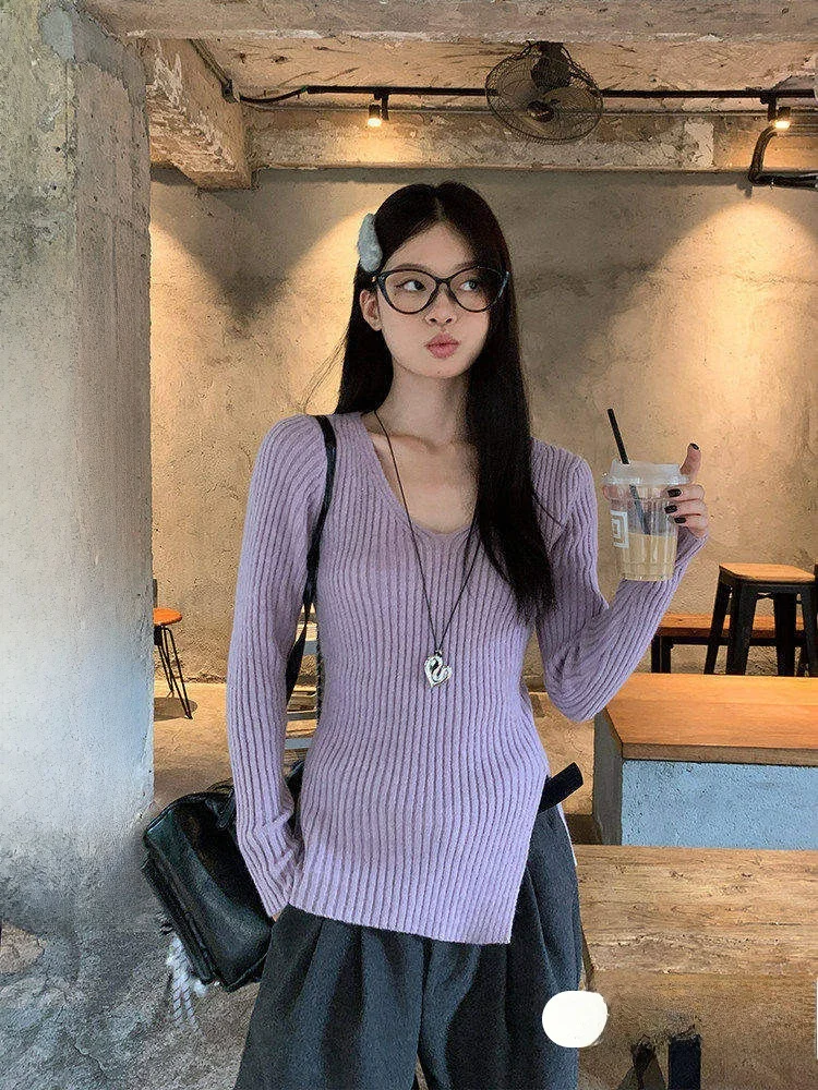 

Purple V-neck Knitted Sweater Women's Slim Fit Irregular Top Spring Outerwear Base Shirt Commute Style Korean Version