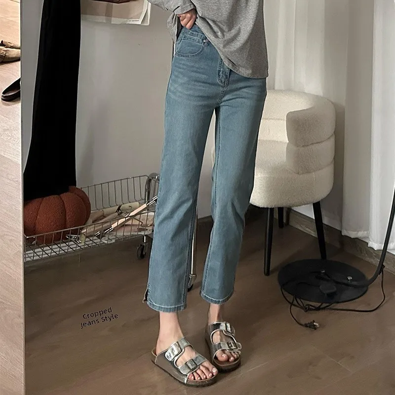

High Waist Nine-Piece Elastic Slit Jeans Women's Spring Autumn Casual Straight Leg Slimming Pants Ladies Fashion Cotton Zipper