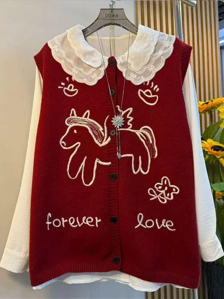 

Повседневный вязаный кардиган-жилет свободного кроя большого размера для женщин, модный, с небольшим принтом, весна-осень-зима 2026...