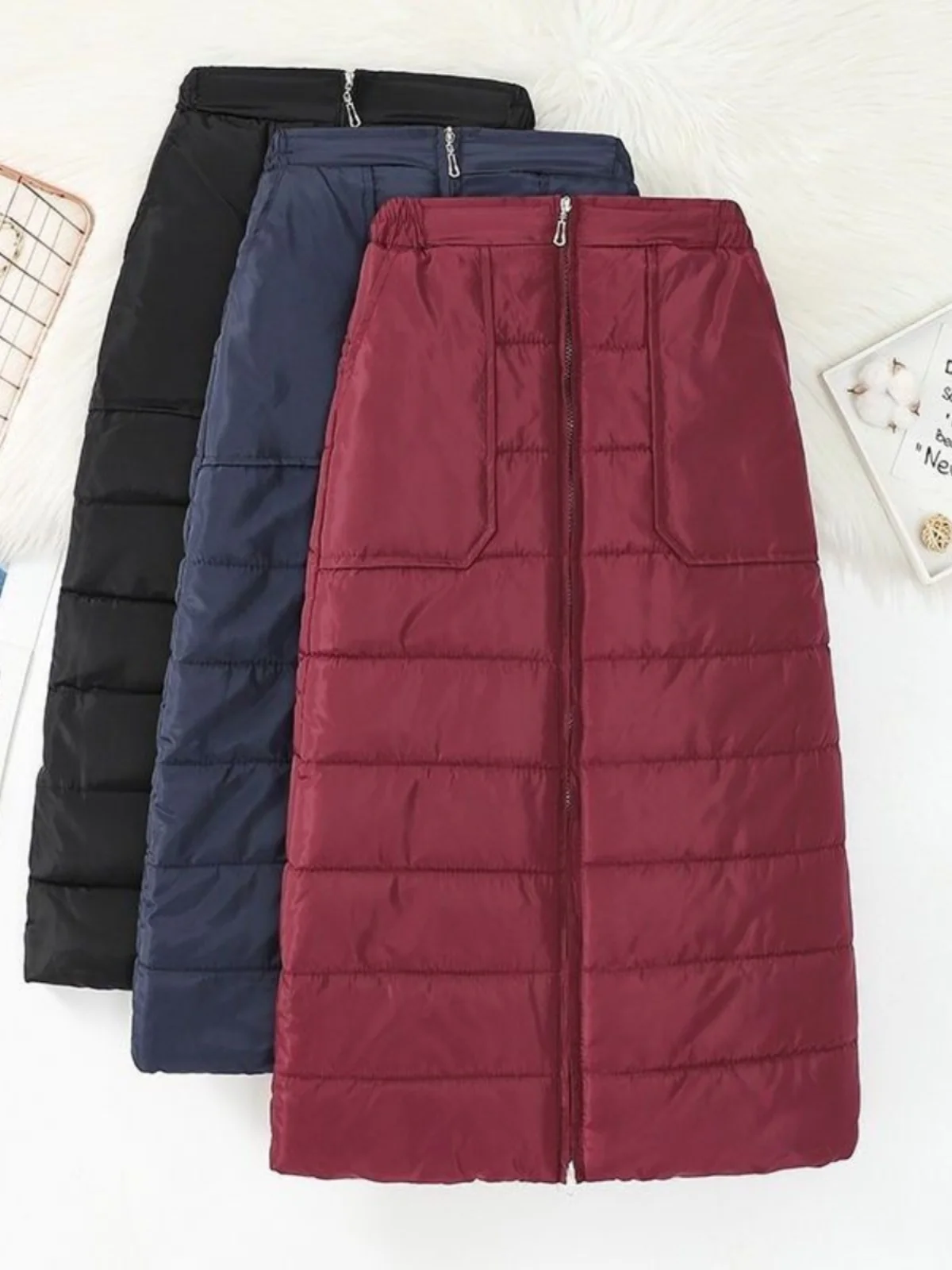 Women's down Cotton  Skirt Windproof Warm Zipper Long One-piece Wrap-around Skirts High Waist Polyester Fiber A-Line Skirt