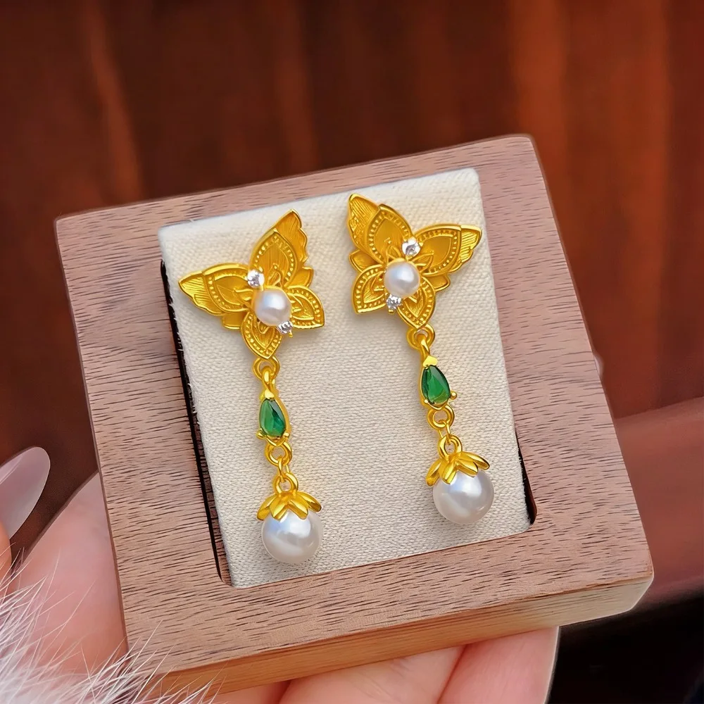 Pearl double - layered butterfly tassel stud earrings for women high sensibility butterfly earrings 9999gold