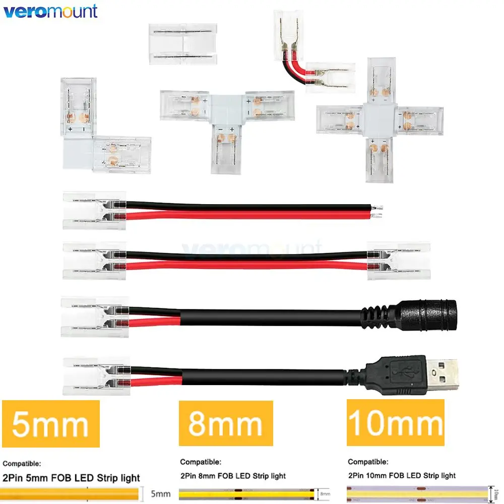 IP20 2pin COB LED Strip Connector 5mm 8mm 10mm Width PCB Single Color FOB LED Tape Solderless Strip to Strip Wire Joint Seamless