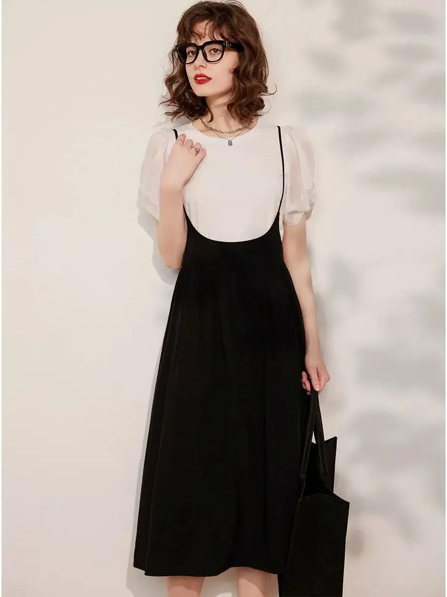 LOUIS YAO Women T-shirt Dress Set 2024 Summer New Round Neck Puff Short Sleeve A-line Women Two Piece Dress Set