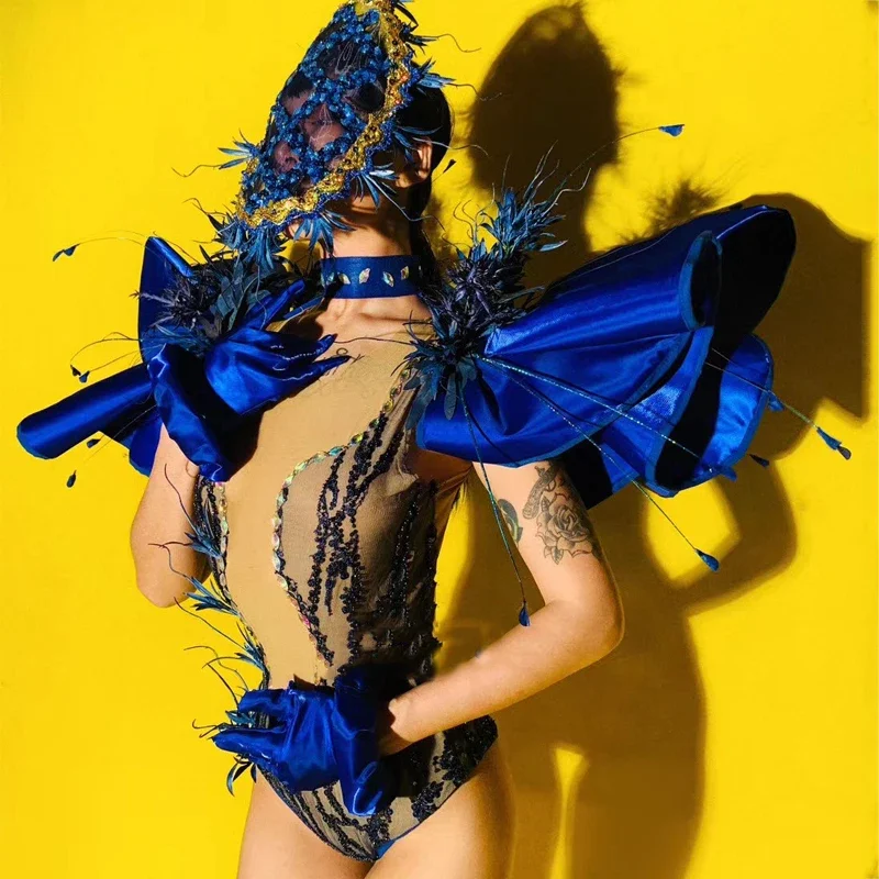 Costume da ballo sexy da palcoscenico da discoteca Guanti da body con fiori grandi Vestito da ballo Spettacolo di feste Cantante Ballerino Festival Abbigliamento XS2708