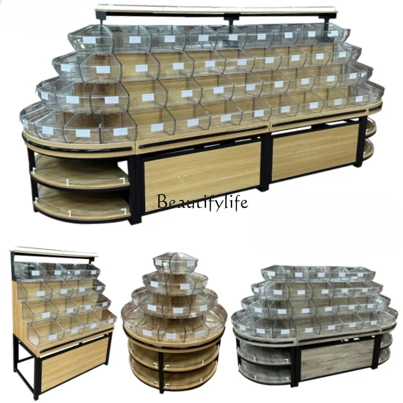

ls 35Supermarket Steel Wood Four-Layer Scattered Food Display Cabinet Bulk Snack Shelf round Zhongdao Cabinet