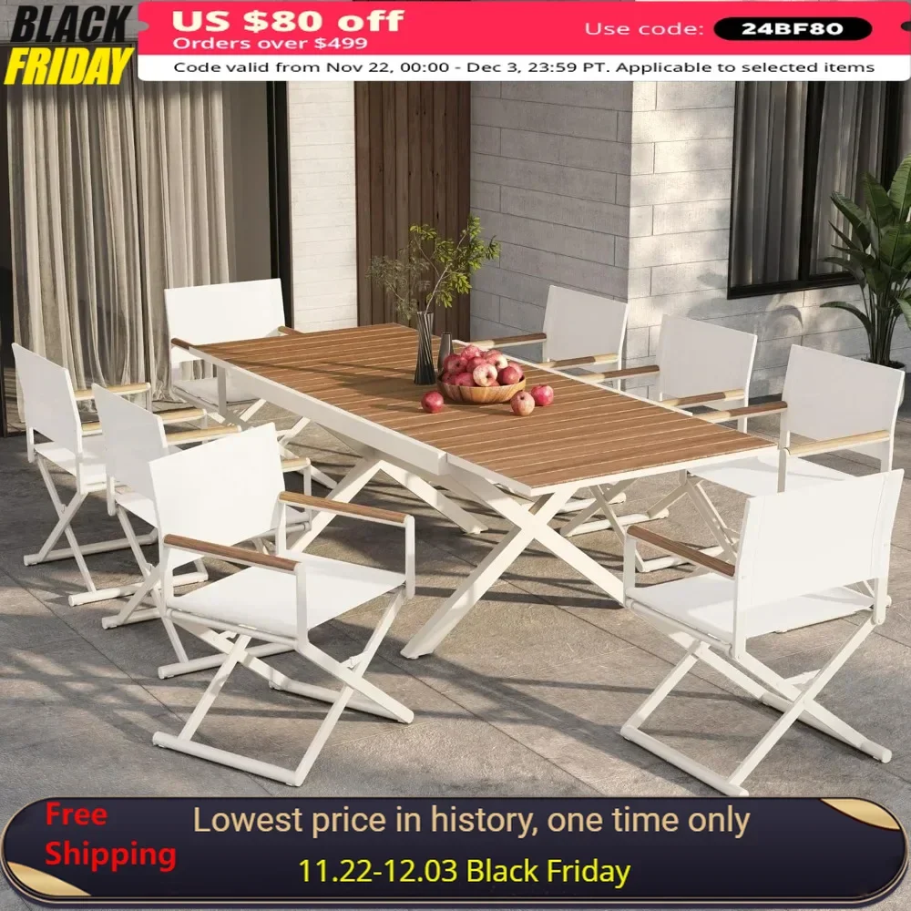 

9-Piece Outdoor Dining Set, 8 Extra-Wide Foldable Chairs & 1 Extendable Table, UV-Resistant Mesh , Outdoor Dining Table Sets