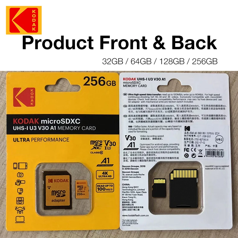 KODAK-Cartão de Memória Micro-SD, Cartão Flash TF, 256GB, 128GB, 64GB, 32GB, A1, V30, U3, 100 Mbps, Adaptador SD Grátis